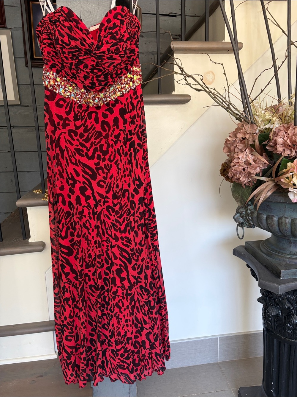 Jovani Red and Black Leopard Print Beaded Strapless Gown